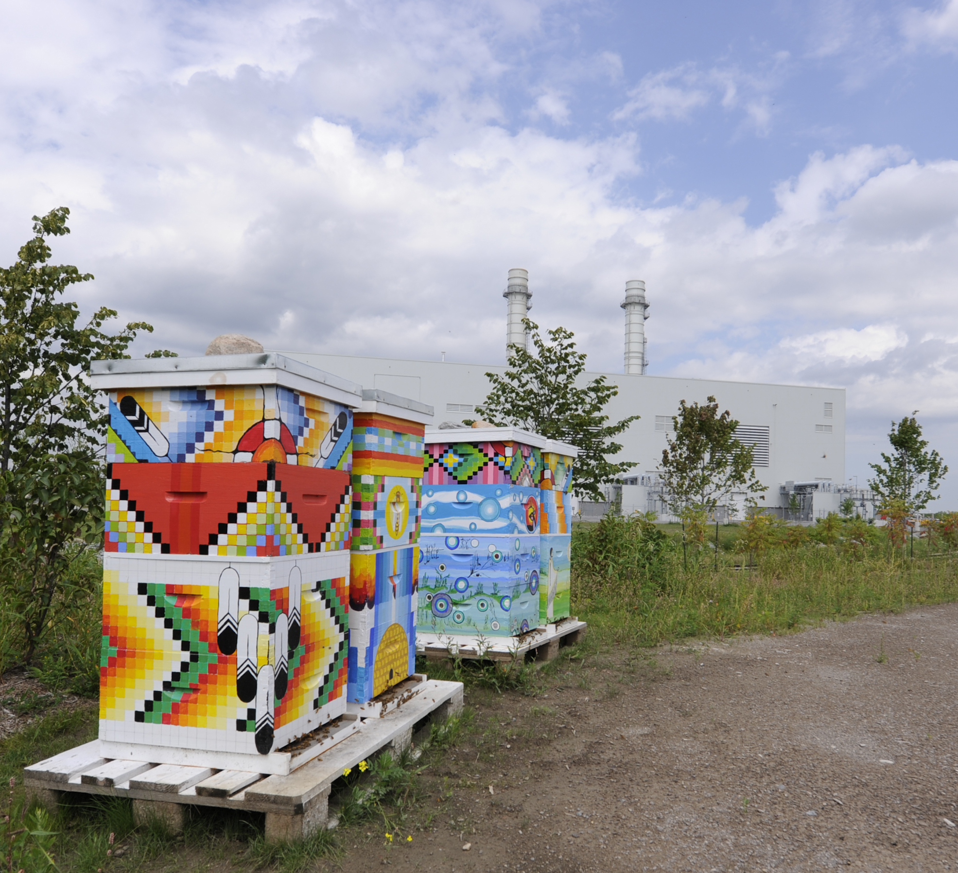 Decorated bee hives outside Portlands Energy Centre