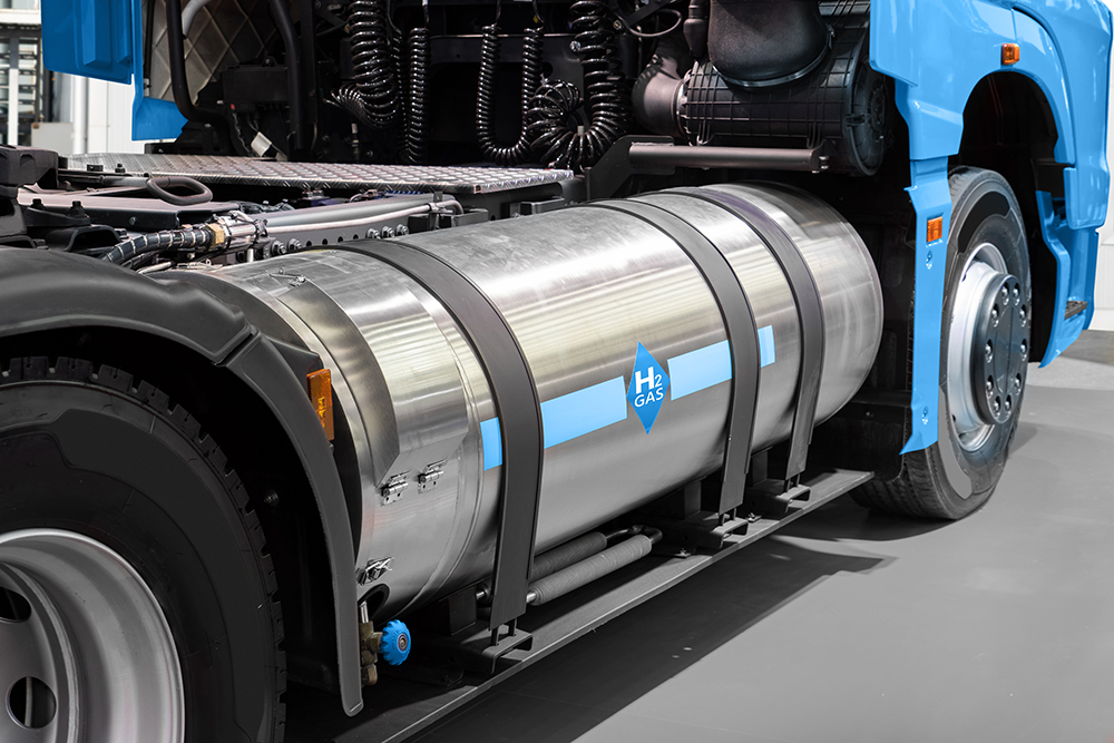 A hydrogen fuel cell semi truck with H2 gas cylinder onboard. Eco-friendly commercial vehicle concept