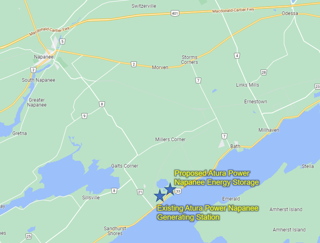 A map of southern Ontario showing the location of Atura Power's Napanee station