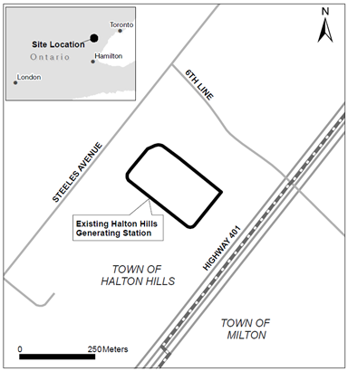 A map showing the location of Halton Hills Generating Station in Ontario.